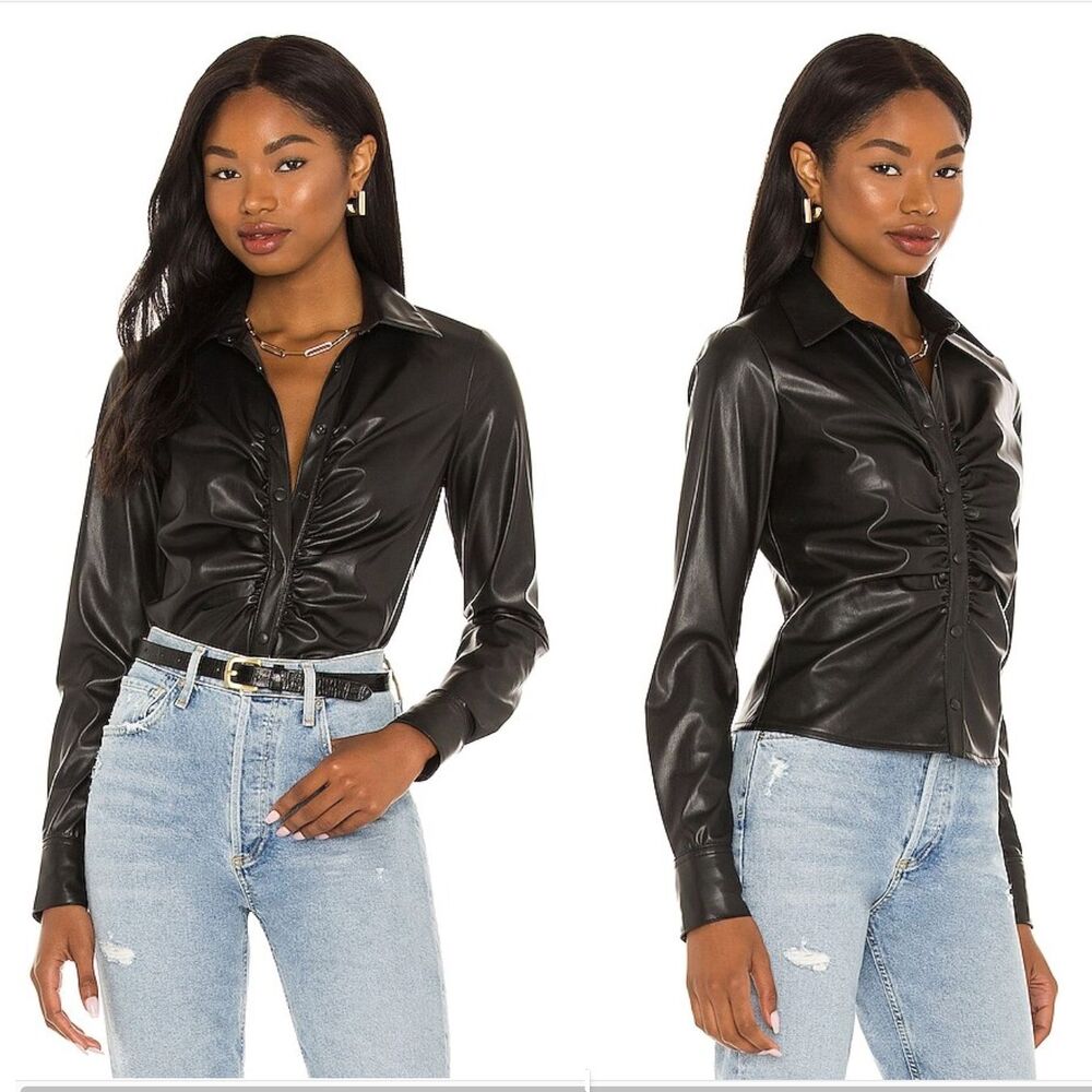 Bailey 44 Elliana Eco Faux Leather Top Womens S Black Ruched Button Front $178